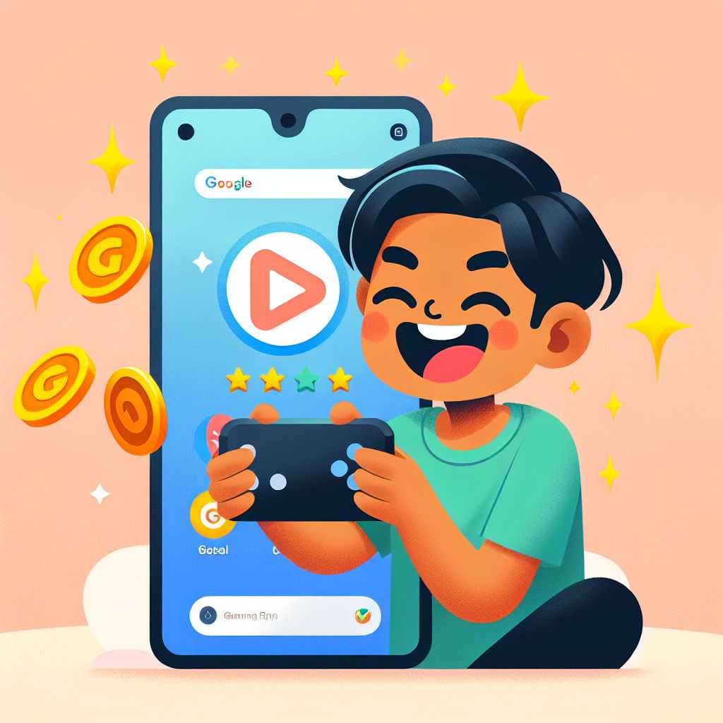 Taka555 cartoon character holding a smartphone with app icons and coins