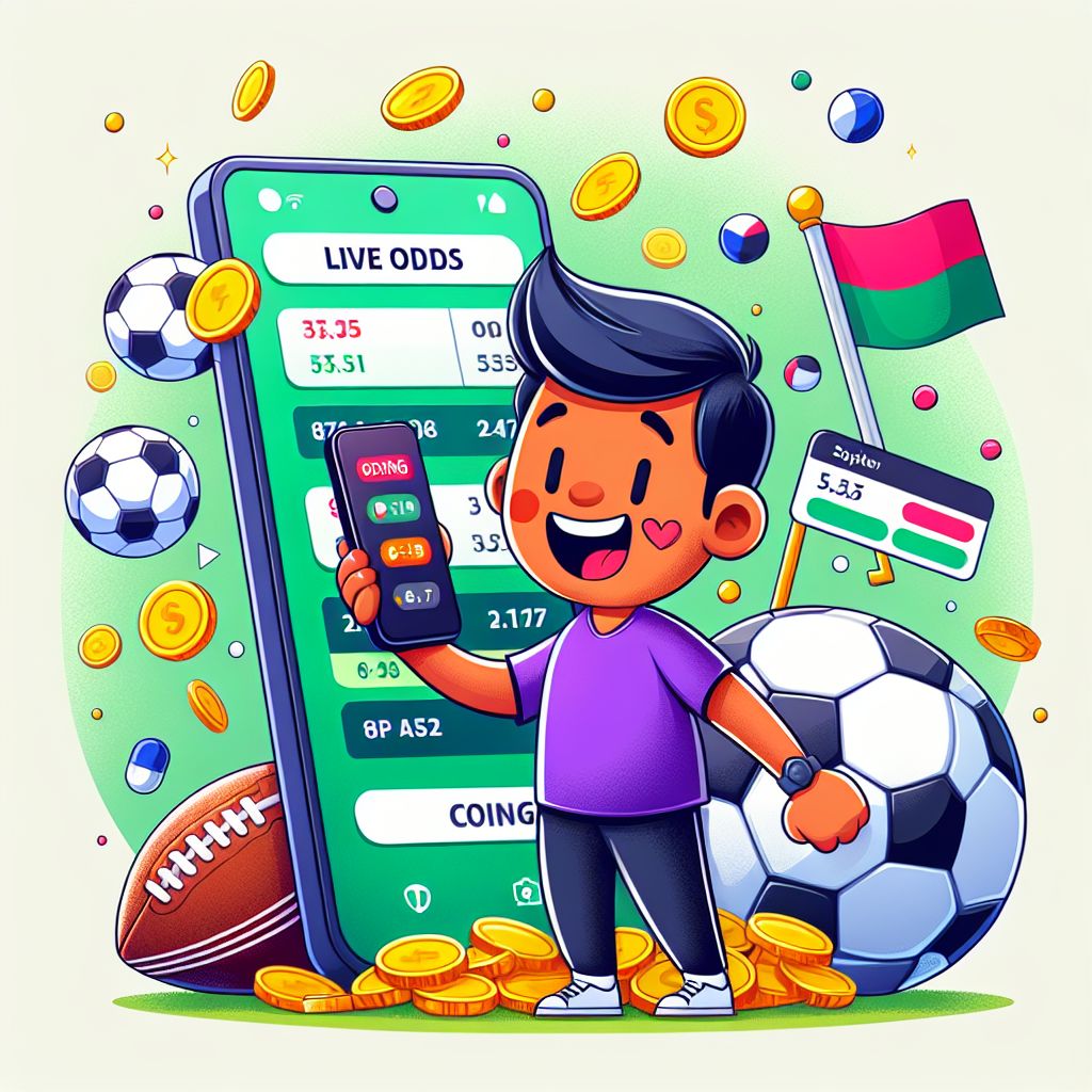 Cartoon sports fan holding a phone with live odds, coins, and a cricket ball