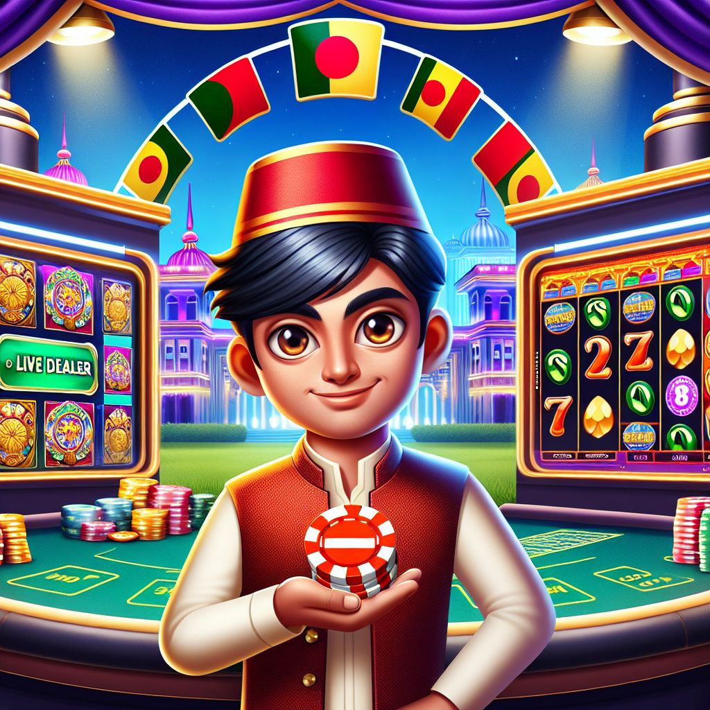 Taka555 casino cartoon character with slot reels, chips, and Bangladeshi theme colors