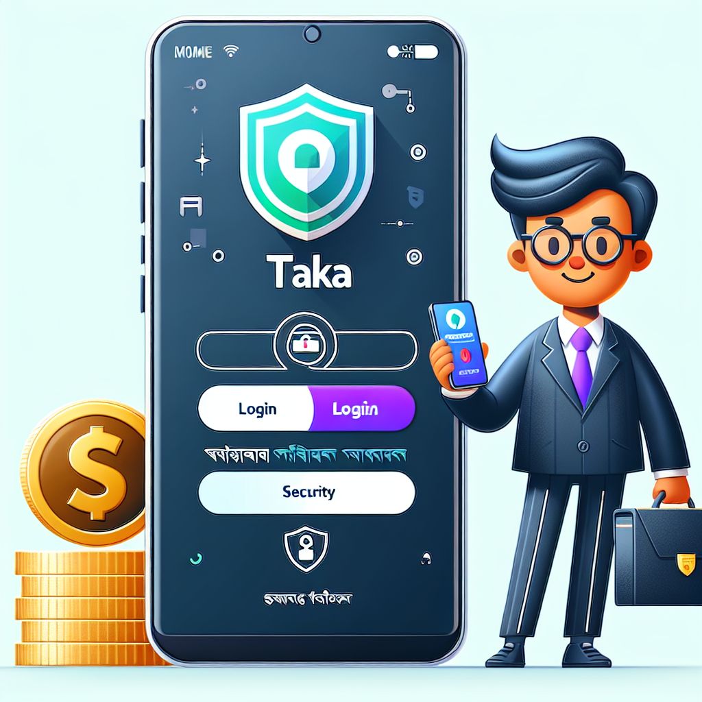 Taka555 themed cartoon character holding a phone with a login screen and coins