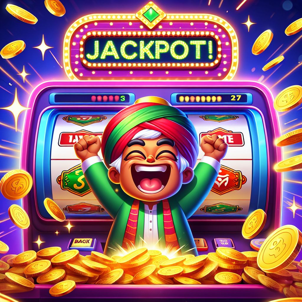 Taka555 slots cartoon hero character with slot reels, coins, and jackpot lights